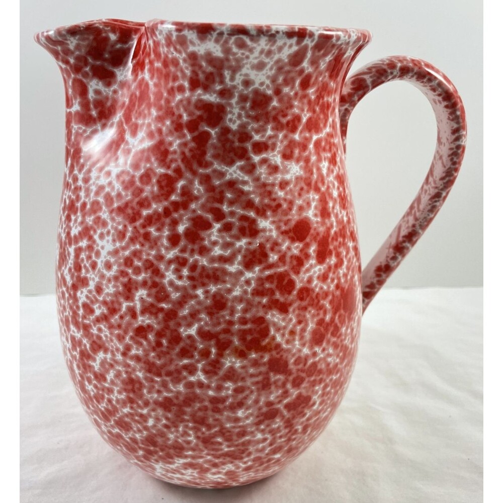 Red White Splattered Ceramic Pitcher Italy 8.5" Speckled Vase